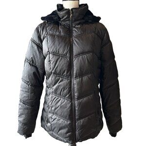 Women's Nautica Faux Fur Trim Hooded Mid-Length Black Puffer Jacket Size XL